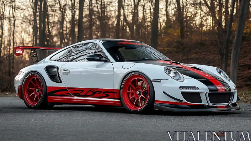 White track-focused sports car with red accents in forest setting.
