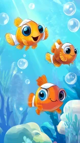 Cartoon clownfish trio in stylized blue coral reef habitat