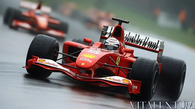 Red Formula One car powers through wet racing circuit