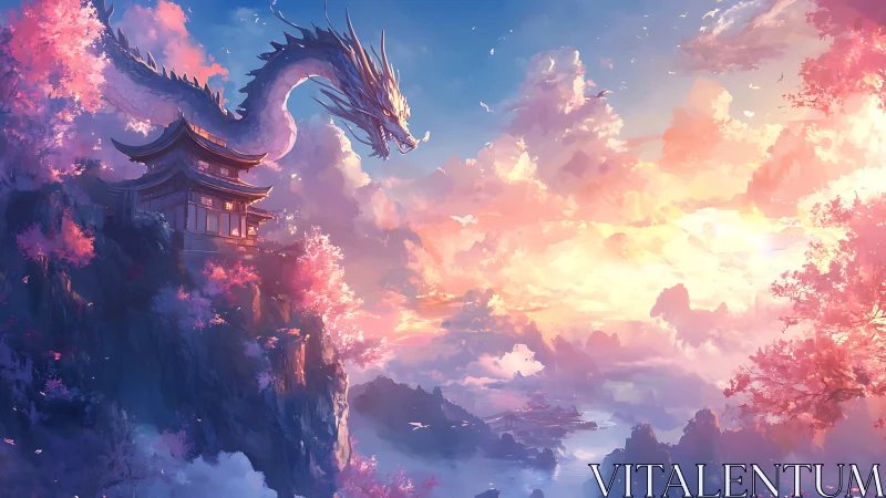 Mountain temple and dragon above pastel sunset clouds.