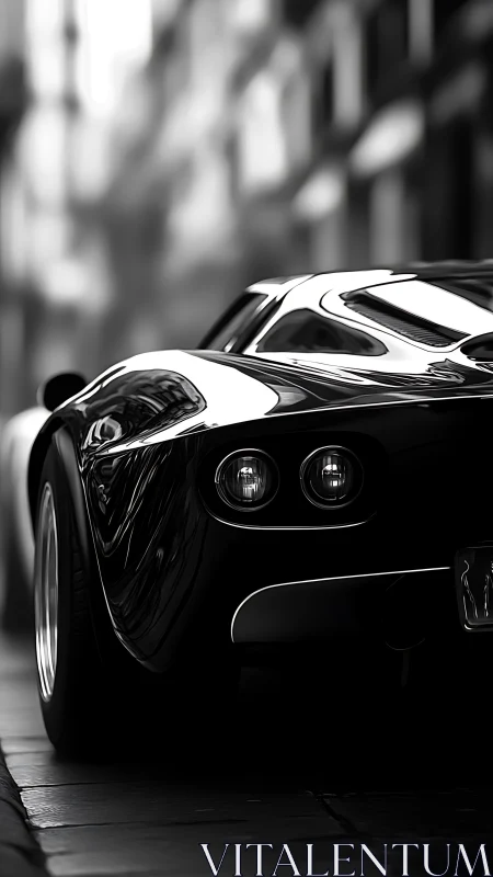 Sleek sports car tail in monochrome urban street scene.