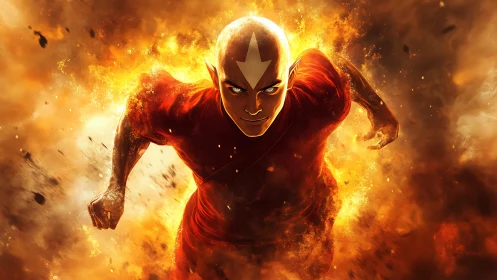 Monk warrior charging through incandescent fire vortex.