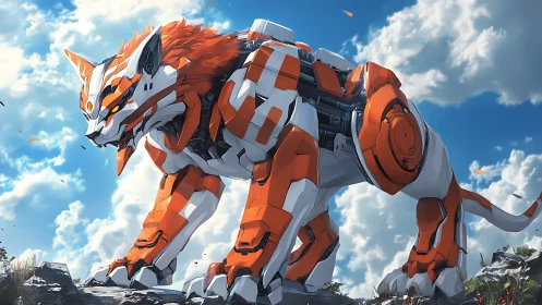 Mech tiger sentinel poised on rocky ridge under sky.