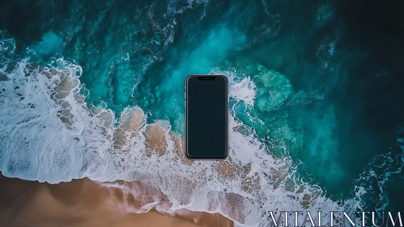 Smartphone centered over aerial view of ocean waves.
