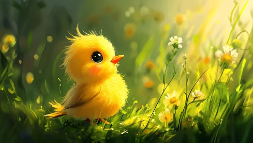 Sunlit baby chick gazes at glowing meadow wildflowers