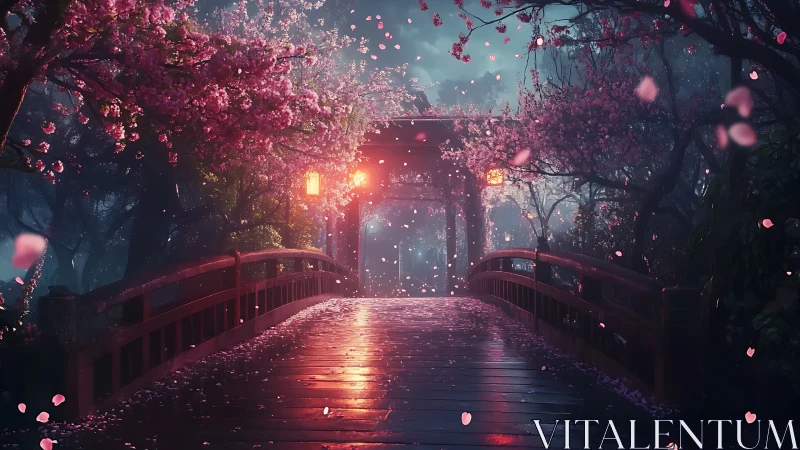 Lanternlit bridge dreams under drifting cherry blossom snow
