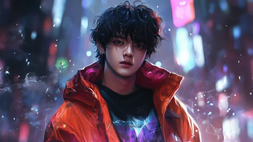 Stylized young man in neon city wearing bright jacket.