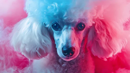 Neon cloud poodle gazes through candy-colored studio haze.