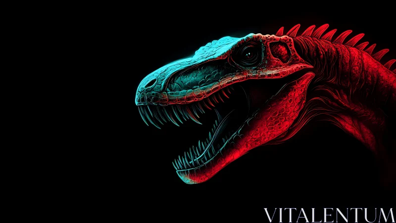 Neon-lit dinosaur profile with red and cyan contrast.