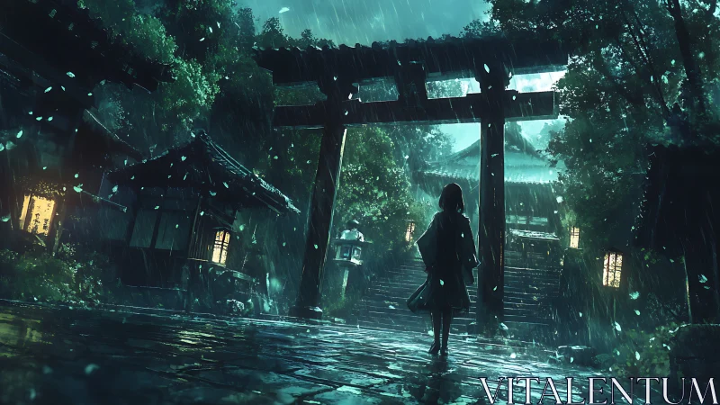 Solitary figure crosses rain-soaked shrine gate at night.