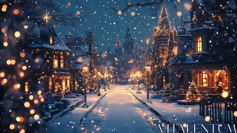 Snowy Christmas street glows with warm festive lights.