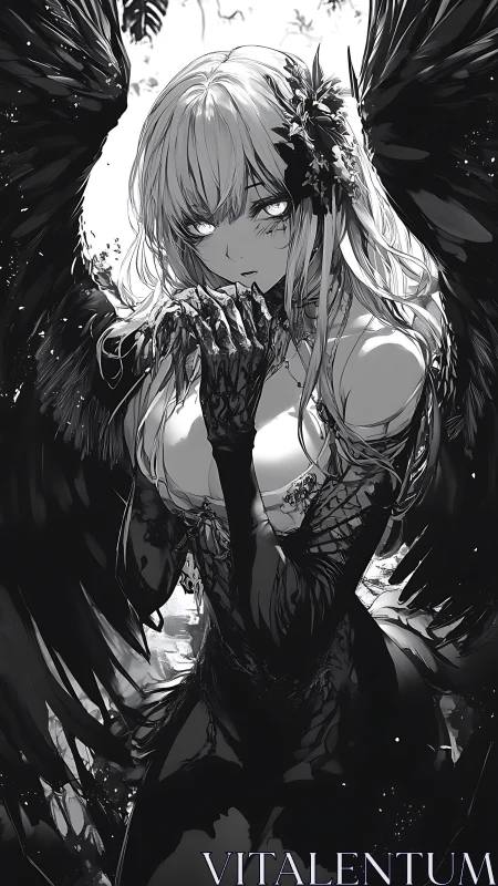 Monochrome winged femme fatale rendered in high-contrast anime