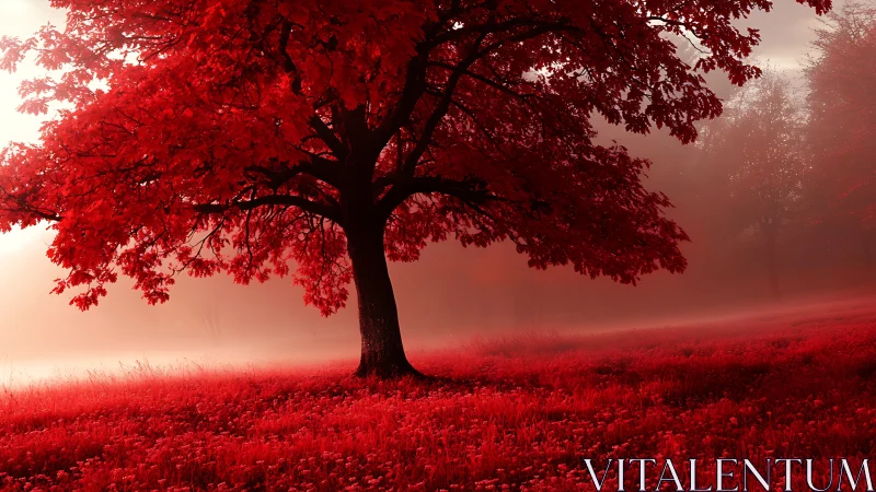Solitary broadleaf tree in monochrome red foggy meadow.