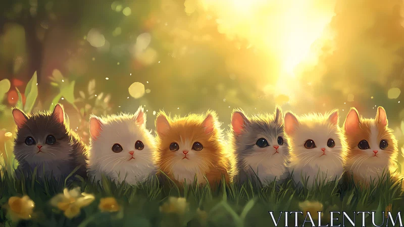 Six Adorable Kittens Basking in Golden Sunlight.