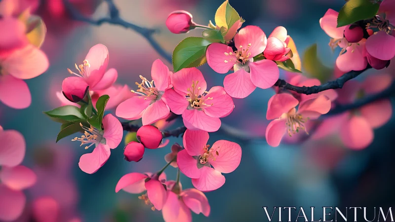 Pink blossoms cluster on branch with soft blurred background