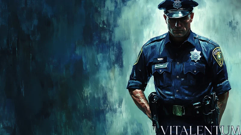 Uniformed police officer against abstract painted backdrop.