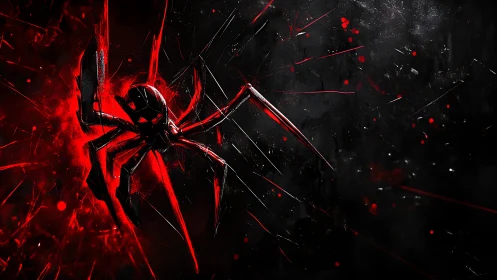 Electric red spider bursts from shadow in bold graphic style