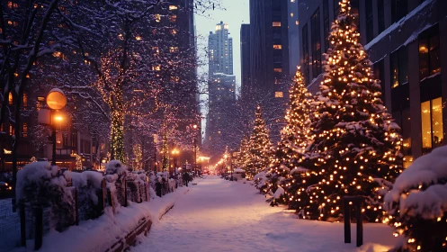Snow covered city walkway with illuminated holiday trees.