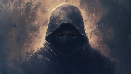 Hooded shadow figure with glowing eyes rendered in dark digital paint