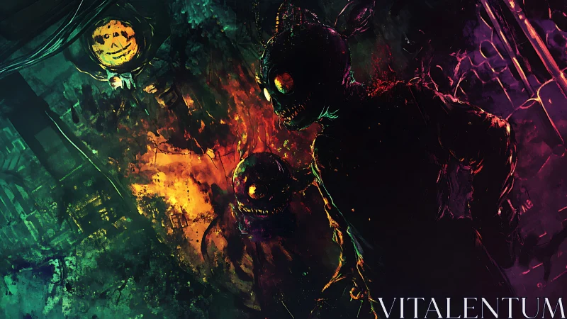 Anthropomorphic figures in dark neon urban environment.