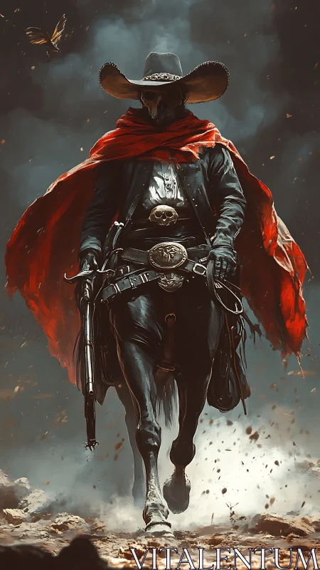Ghostly gunslinger on horseback in crimson cloak striding forward.