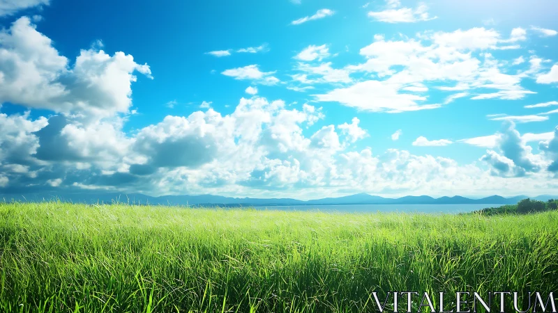 Endless summer meadow under expansive blue sky panorama.