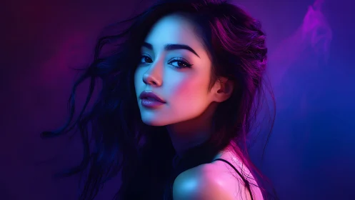 Digital portrait in neon-duotone beauty lighting profile study.