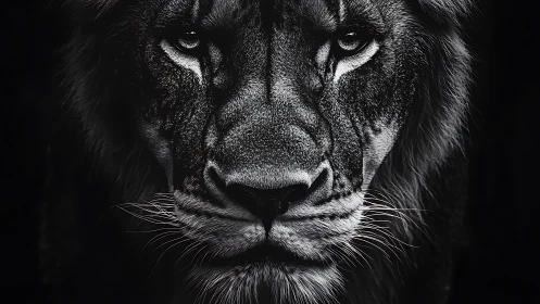 Brooding lion portrait in dramatic monochrome close-up.