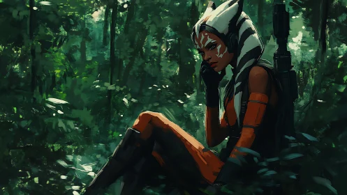 Contemplative ranger in dense jungle rendered with loose digital brushwork