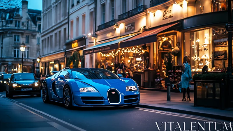 Blue hypercar glides through golden luxury boulevard dusk.