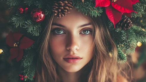 Holiday wreath portrait glows with calm winter charm