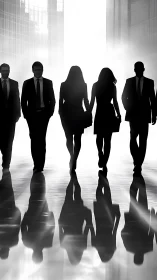 Silhouetted business professionals in modern office corridor.