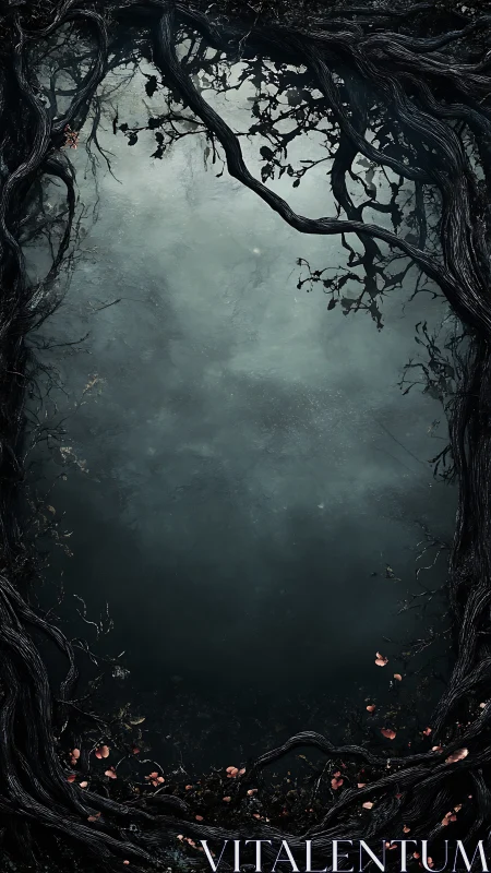 Dark twisted forest frame encloses misty negative space field