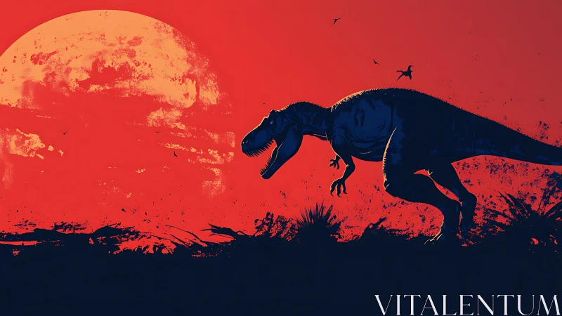 Silhouetted tyrannosaur traversal against oversized eroded sun.
