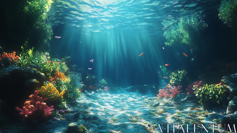 Sunlit coral reef scene renders volumetric underwater caustics