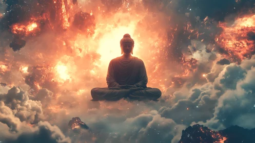Meditating Buddha statue floats serenely in cosmic storm