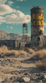 Corroded desert watchtower dominates arid postindustrial landscape