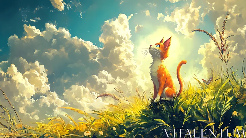 Orange Cat in Sunlit Field Beneath Clouded Sky