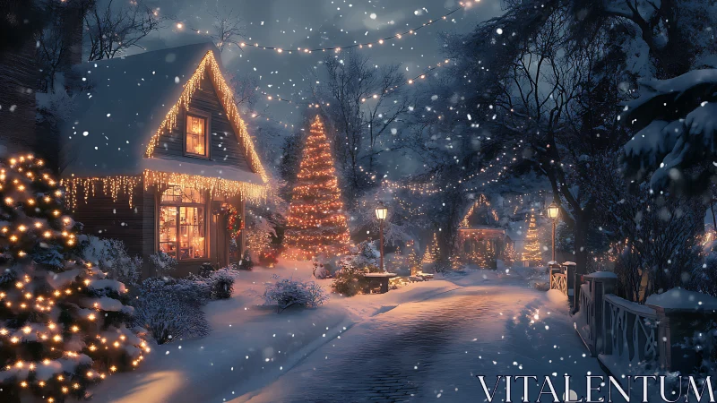 Cozy snowlit village street glowing with gentle holiday lights.
