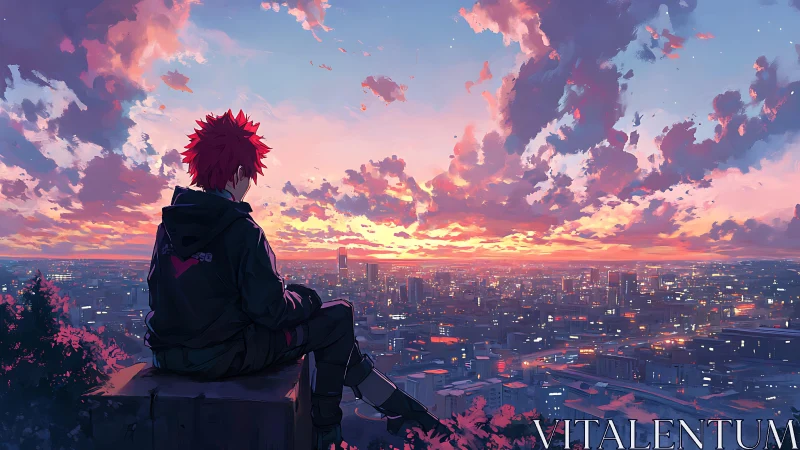 Solitary red-haired teen overlooking neon city at dusk sky