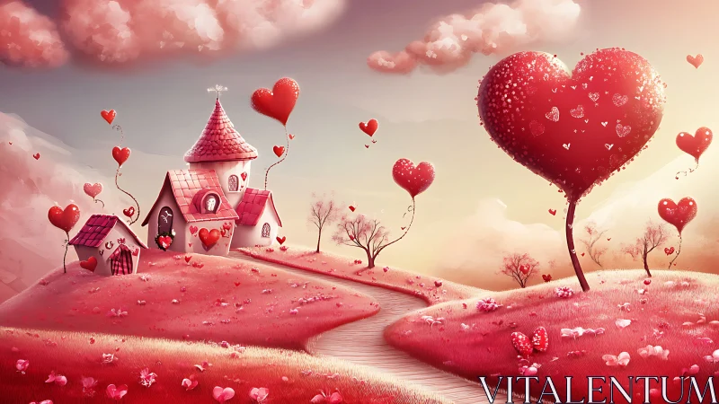 Fantastical landscape features whimsical castle amidst heart-shaped cloud formations