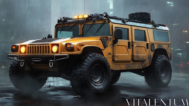 Yellow off-road truck parked in wet futuristic city street.