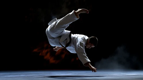 Martial artist mid-air throw under dramatic spotlight.