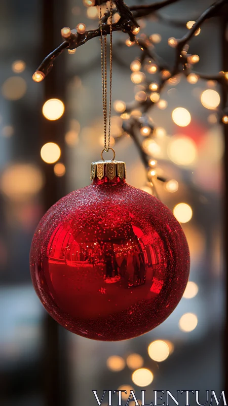 Red glass ornament with glitter bokeh lights background.