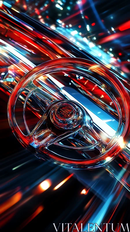 Chromed steering wheel with motion-blurred light trails.