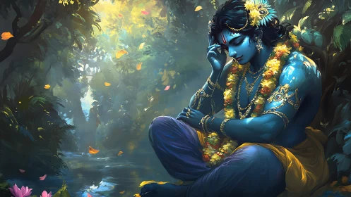 Blue-skinned deity resting in a quiet sunlit forest stream