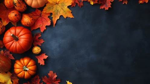 Cozy pumpkins and crisp autumn leaves framing dark slate.