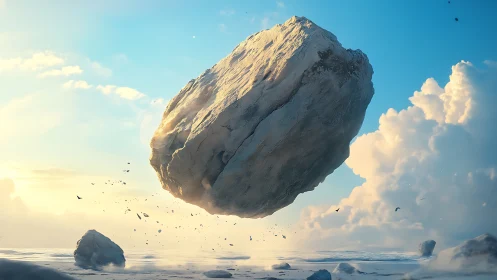 Large floating rock mass hovers above coastal landscape