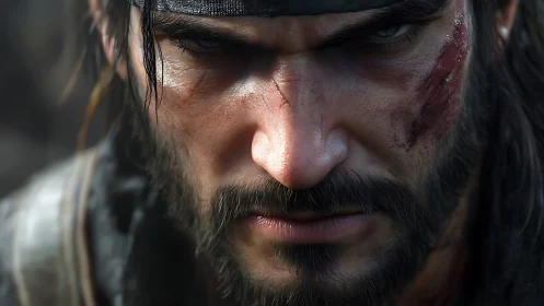 Battle-worn male warrior glares forward with intense focus