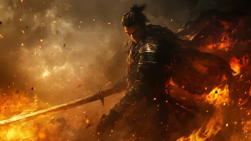 Fiery warrior stands strong as glowing embers swirl around him
